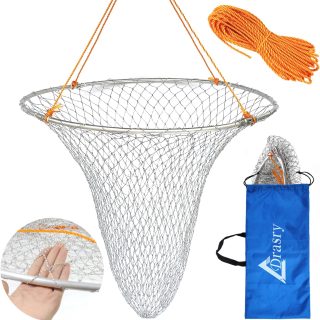Drasry Foldable Bridge and Pier Fishing Landing Net - High Load-Bearing Aluminum Ring Drop Net for Saltwater Freshwater - Collapsible Basket With 49.2 FT Rope