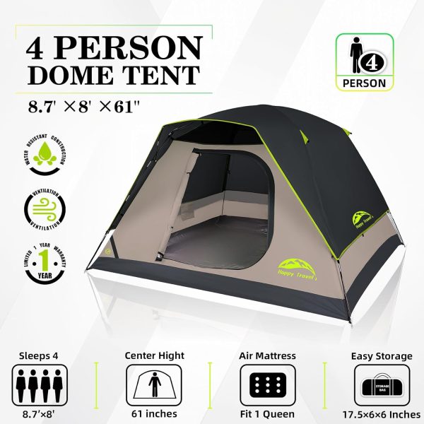 Happy Travel Camping Tent, 4 Person Dome Tents for Camping with Rainfly, Waterproof Clip Easy Setup Portable Family Tent with Mesh Windows, 20% More Headroom Backpacking Tents for Camping & Hiking - Image 2
